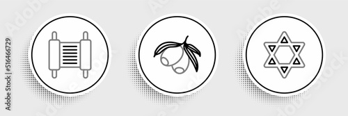 Set line Star of David, Torah scroll and Olives branch icon. Vector