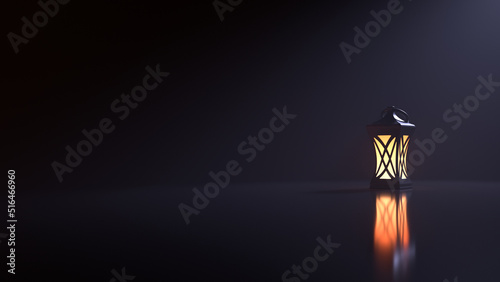 A decorative lantern in the dark. An old yellow lamp is mirrored in the floor. 3D rendering image.