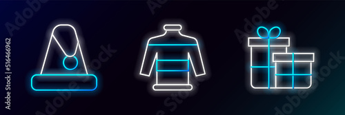 Set line Gift box, Christmas Santa Claus hat and sweater icon. Glowing neon. Vector