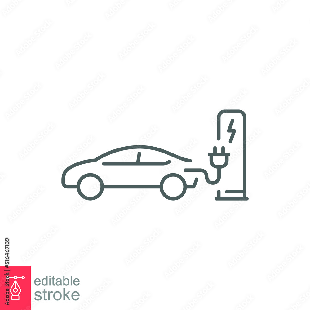 Naklejka premium Electric car pump line icon. Outline style. Charge, green energy, hybrid, plug, charger, battery, lightning mark, auto concept. Vector illustration isolated on white background editable stroke EPS 10