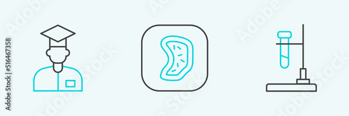 Set line Test tube flask on fire, Laboratory assistant and Bacteria icon. Vector
