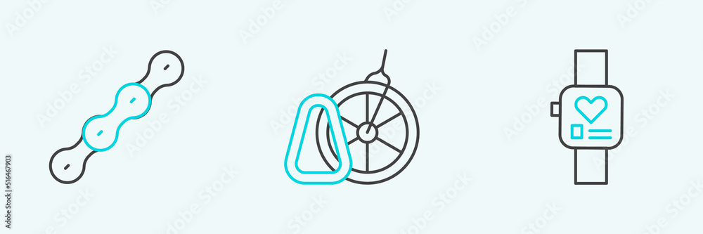 Set line Smart watch, Bicycle chain and parking icon. Vector