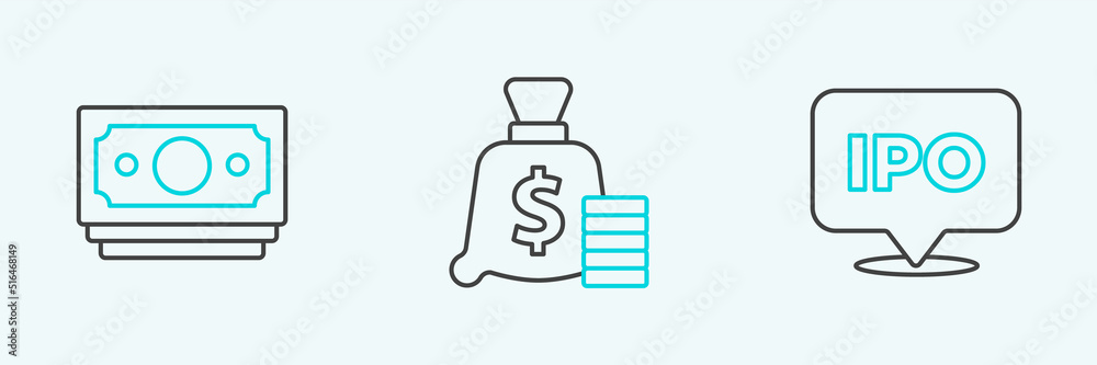 Set line IPO, Stacks paper money cash and Money bag icon. Vector Set line IPO, Stacks paper money cash and Money bag icon. Vector