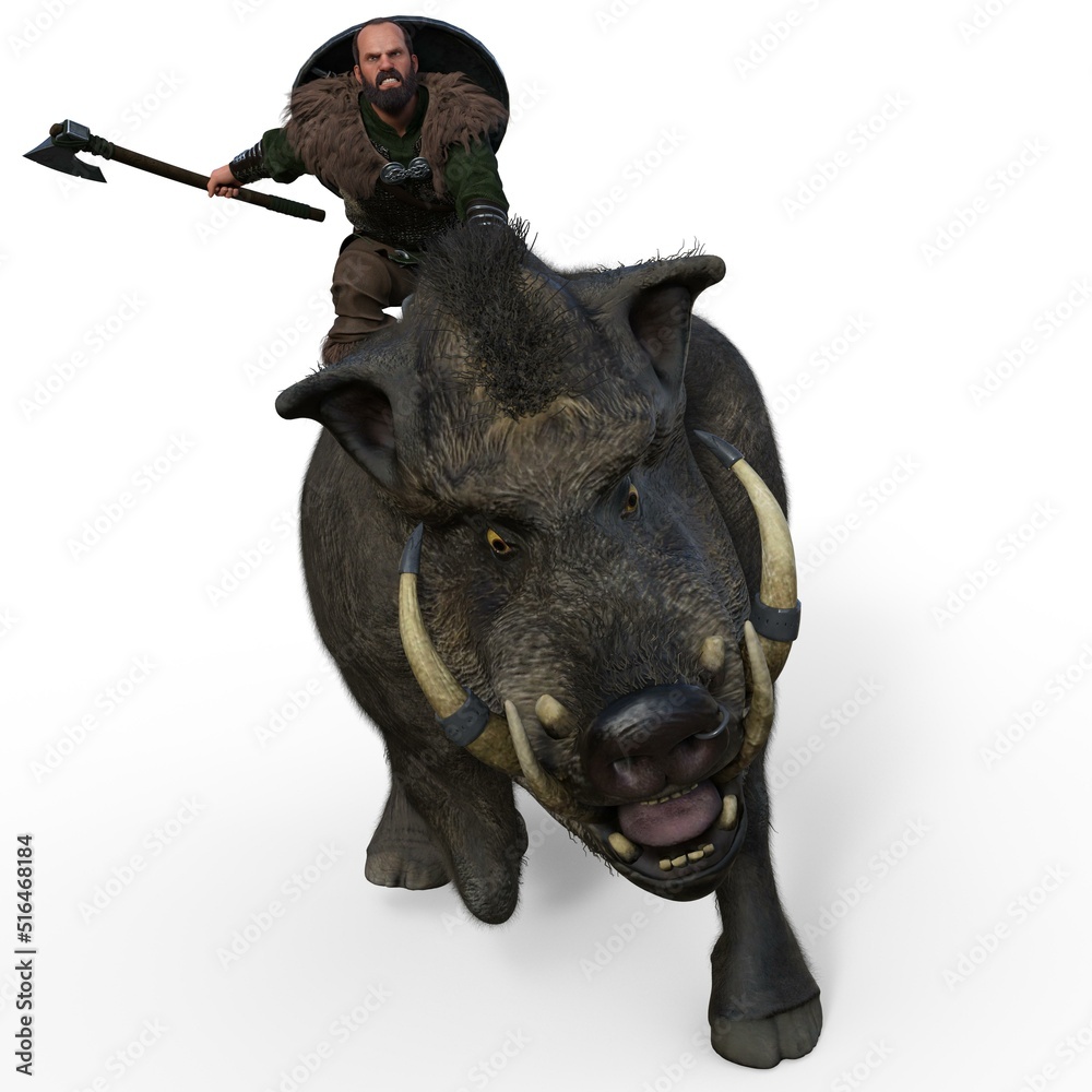 3d-illustration of an isolated fantasy illustration of a battle boar with a dwarf 3d-illustration of an isolated fantasy illustration of a battle boar with a dwarf
