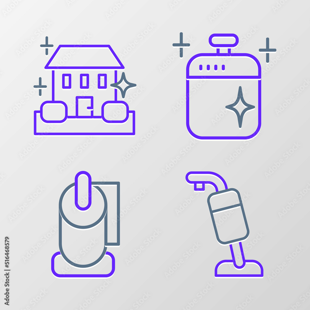 Set line Vacuum cleaner, Toilet paper roll, Clean cooking pot and Home cleaning service icon. Vector Set line Vacuum cleaner, Toilet paper roll, Clean cooking pot and Home cleaning service icon. Vector