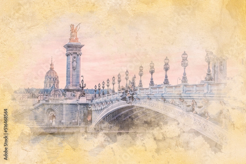 Canvas Print Alexandre III Bridge in Paris - Watercolor effect illustration