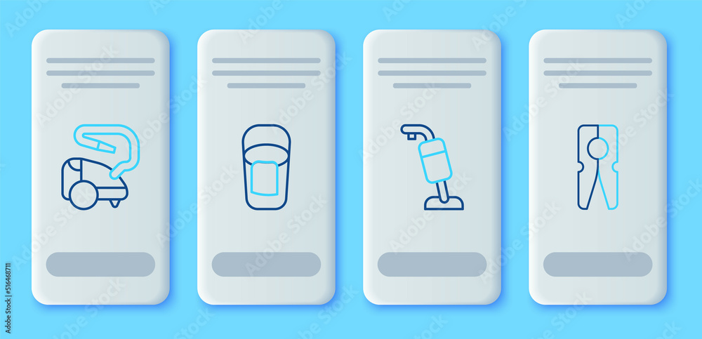Set line Bucket with rag, Vacuum cleaner, and Clothes pin icon. Vector
