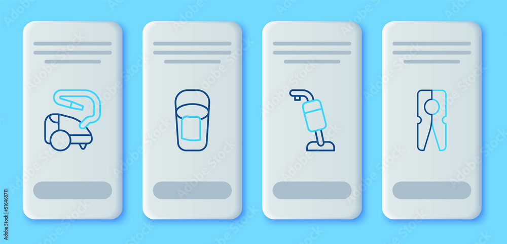 Set line Bucket with rag, Vacuum cleaner, and Clothes pin icon. Vector Set line Bucket with rag, Vacuum cleaner, and Clothes pin icon. Vector