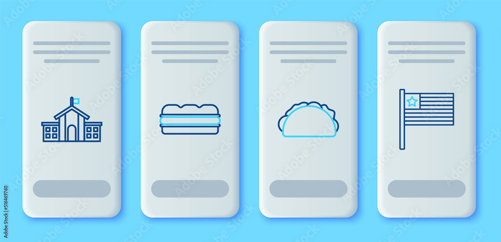 Set line Sandwich, Taco with tortilla, United States Capitol Congress and American flag icon. Vector Set line Sandwich, Taco with tortilla, United States Capitol Congress and American flag icon. Vector