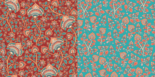 Floral pattern in oriental style. Indian style. Kalamkari. A set of two seamless patterns.