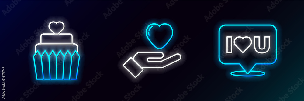 Set line Speech bubble with I love you, Wedding cake heart and Heart hand icon. Glowing neon. Vector