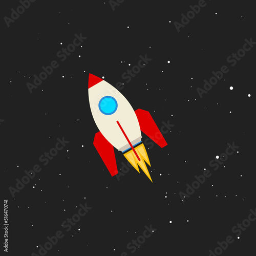 Rocket, startup. An artificial space satellite, a spacecraft hovering in the black sky among the stars. Flat vector illustration.