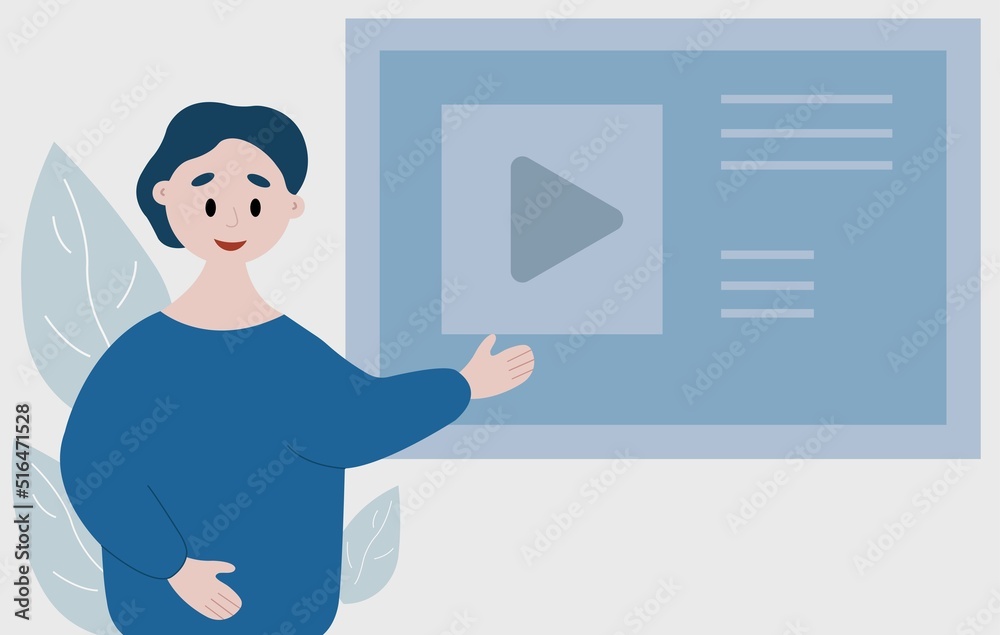Man is doing online webinar showing on big screen. Online influencer lesson illustration.