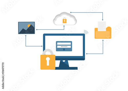 vector illustration cloud computing concept on security, database on cloud platform, information connecting, database cyber security