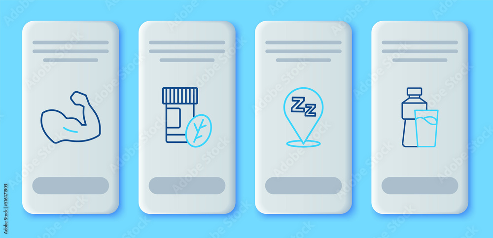 Set line Vitamin pill, Sleepy, Bodybuilder muscle and Bottle of water with glass icon. Vector