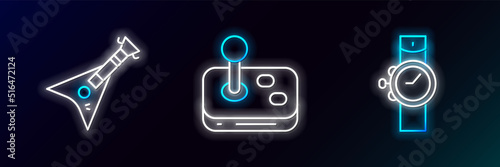Set line Wrist watch, Electric bass guitar and Joystick icon. Glowing neon. Vector