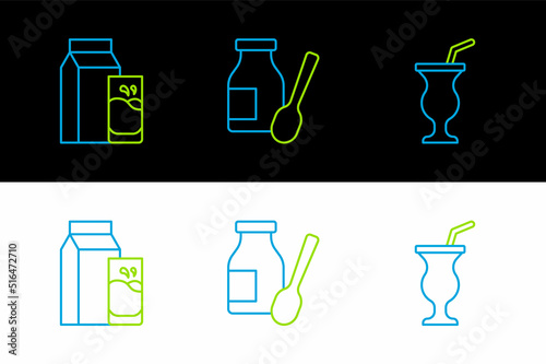 Set line Milkshake, Paper package for kefir and Drinking yogurt in bottle icon. Vector