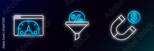 Set line Magnet with money, Website statistic and Lead management icon. Glowing neon. Vector