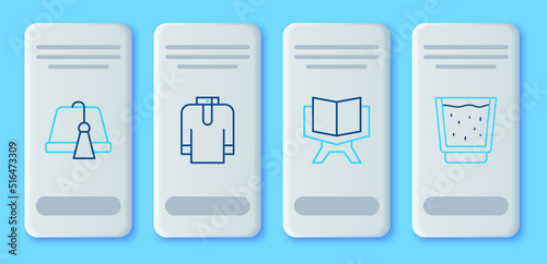Set line Shirt kurta, Holy book of Koran, Turkish hat and Glass with water icon. Vector