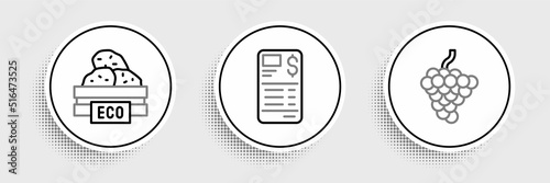 Set line Grape fruit, Wooden box for fruits and Paper financial check icon. Vector