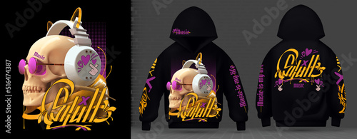 Modern collection of acid print. Skull with pink glasses and K-pop headphones techno style, rave music with neon 3d realistic. Front and back design. Street art graffiti print for sweatshirt vector