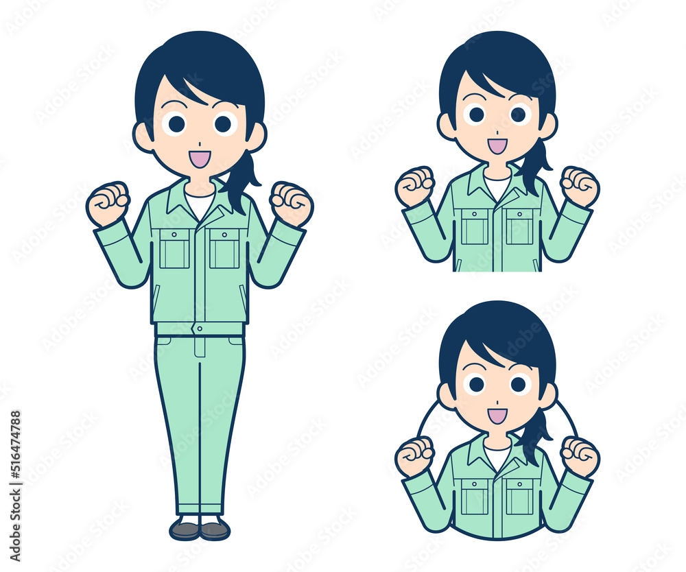 ガッツポーズしている作業員の女性