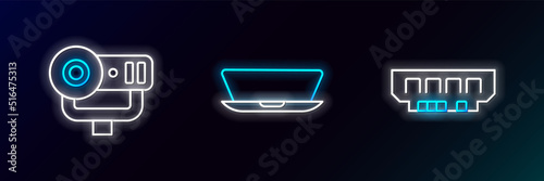 Set line RAM, random access memory, Web camera and Laptop icon. Glowing neon. Vector