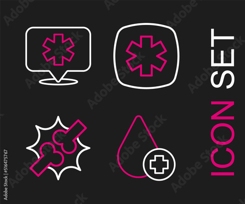 Set line Donate drop blood, Joint pain, knee pain, Emergency - Star of Life and Location hospital icon. Vector
