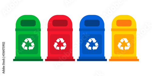 Different colored recycle waste bins vector illustration, Waste types segregation recycling.