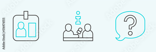 Set line Speech bubble chat, Journalist id card and Interview icon. Vector