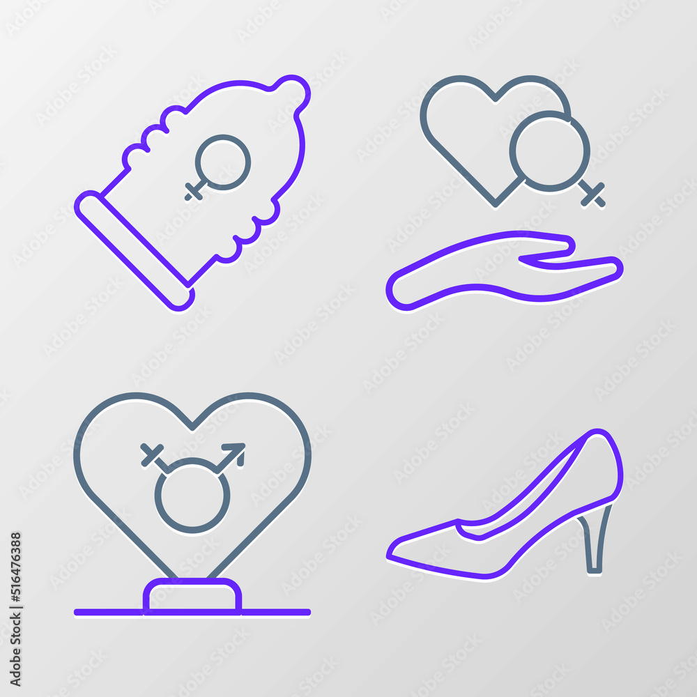 Set line Woman shoe, Gender, Heart with female gender and Condom icon. Vector Set line Woman shoe, Gender, Heart with female gender and Condom icon. Vector