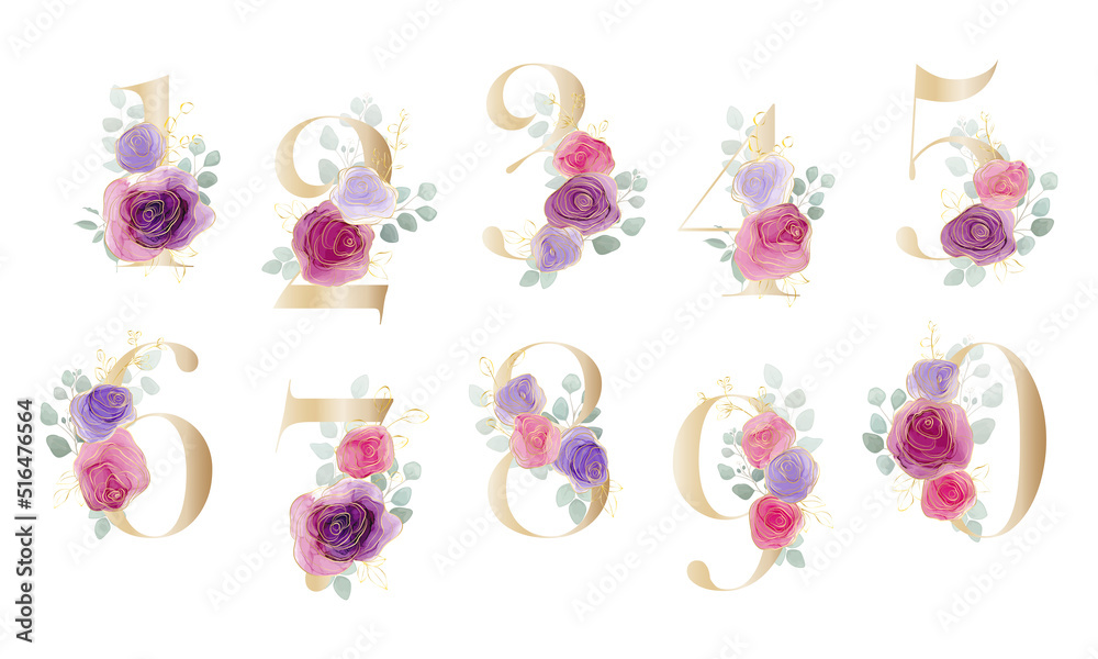 Floral Number. Set digits with a botanical bouquet. Vector illustration. - obrazy, fototapety, plakaty 