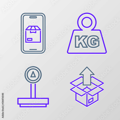 Set line Unboxing, Scale, Weight and Mobile app delivery tracking icon. Vector