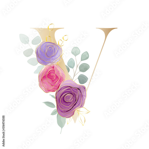 Floral Alphabet. Letter with a botanical bouquet. Vector illustration.