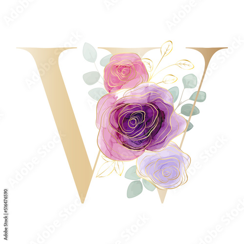 Floral Alphabet. Letter with a botanical bouquet. Vector illustration.