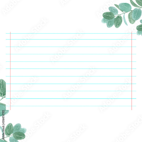 card or invitation, notebook sheet on white background with foliage photo