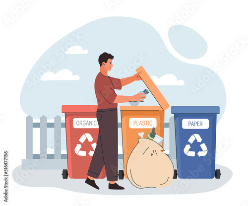 Man throws garbage into basket. Recycling waste and reducing emission of harmful substances into atmosphere. Care for environment, nature and ecology and reuse. Cartoon flat vector illustration