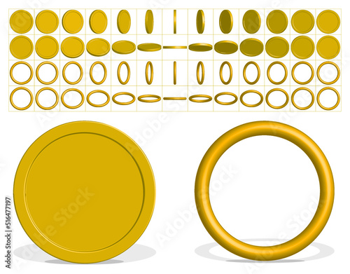 Gold coins and rings with all turning angles for animation in games, use in art and animated gifs. Facilitates the animation. There are 13 different angles for each rotation, horizontal and vertical. 