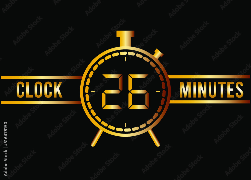 Fototapeta premium 26 minutes clock gold isolated on black background. Watch, timer and countdown symbol.