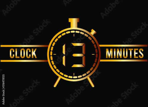 13 minutes clock gold isolated on black background. Watch, timer and countdown symbol.