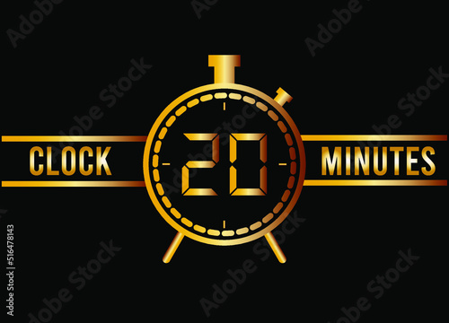 20 minutes clock gold isolated on black background. Watch, timer and countdown symbol.