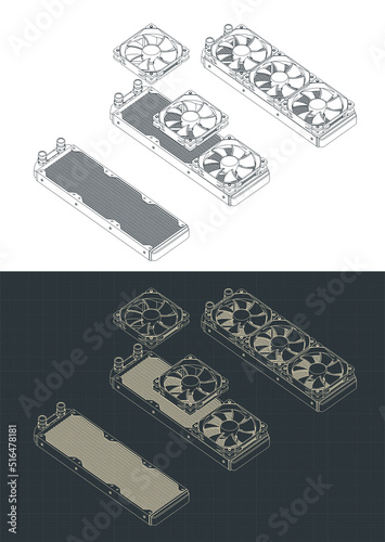 Computer liquid cooling system isometric blueprints