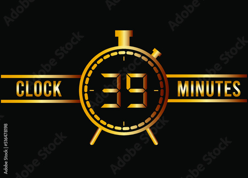 39 minutes clock gold isolated on black background. Watch, timer and countdown symbol. photo