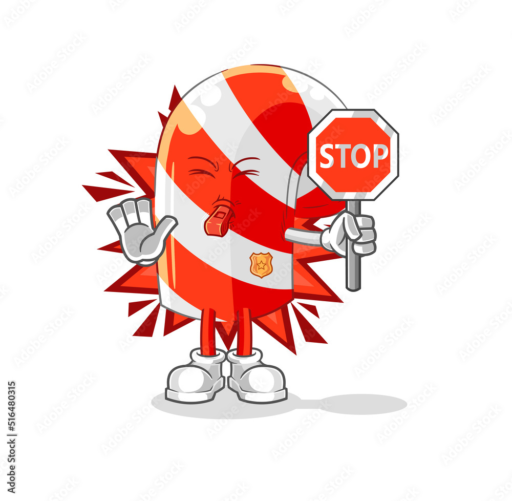 Naklejka premium candy cane holding stop sign. cartoon mascot vector