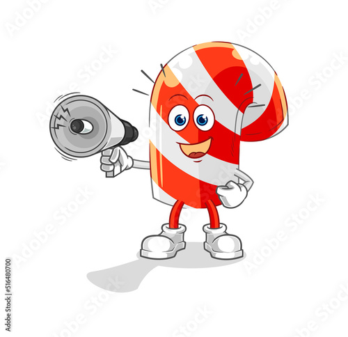 candy cane holding hand loudspeakers vector. cartoon character