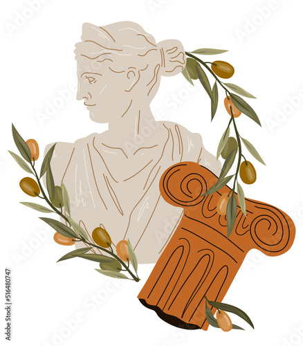 Antique statue and amphora vase with olive branches, flat vector isolated.