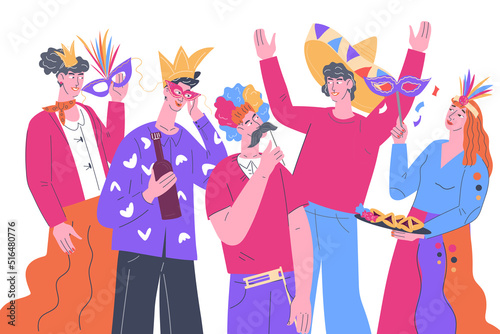 People in carnival masks on festival, carnival or party event, flat vector isolated.