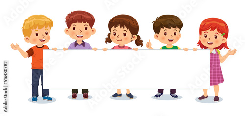 Boys and girls are holding blank posters while standing and smiling