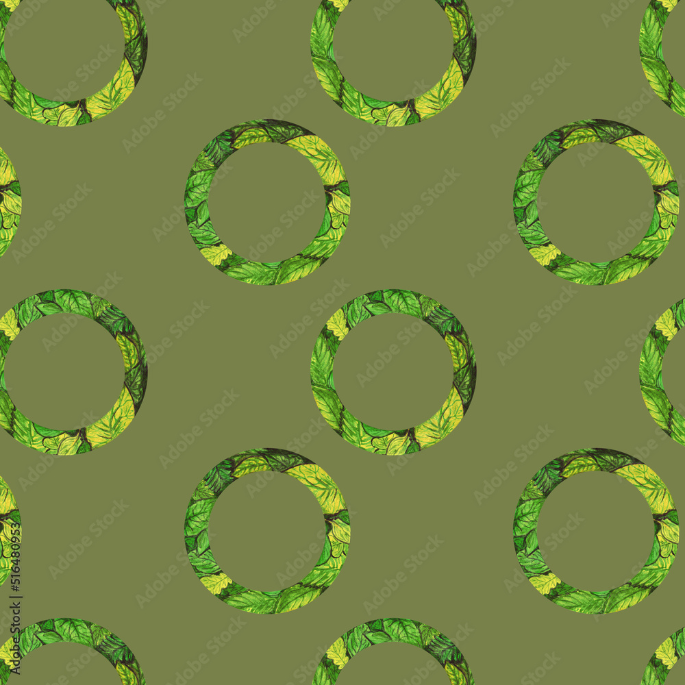 Watercolor pattern geometry circle shape with green foliage on khaki color background for your seamless design, hand drawn illustration Watercolor pattern geometry circle shape with green foliage on khaki color background for your seamless design, hand drawn illustration