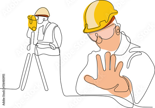 Close up of young Caucasian worker with helmet on head using tablet for work while standing in warehouse. Surveyor with a tripod icon. Geodesic tripod. Vector illustration